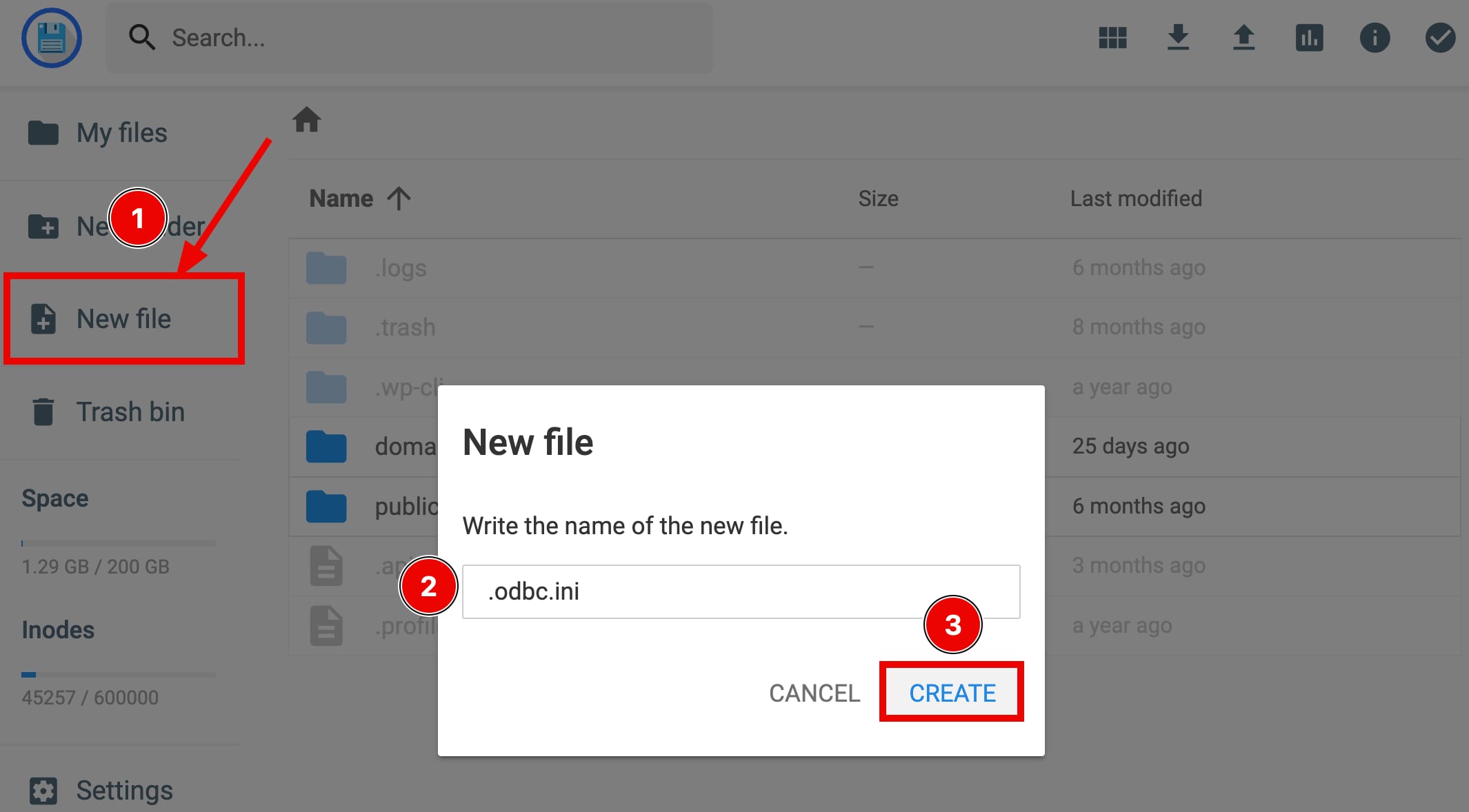 Creating a new file in the file manager