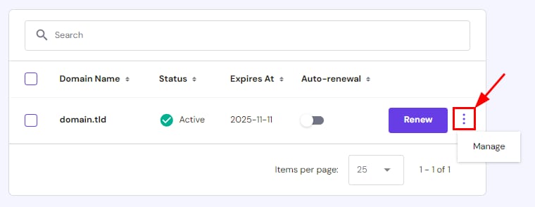 How to access the domain management options on Hostinger Members Area