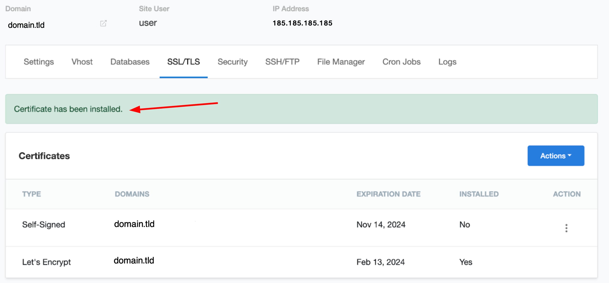 A message that an SSL is successfully installed on a VPS with CloudPanel