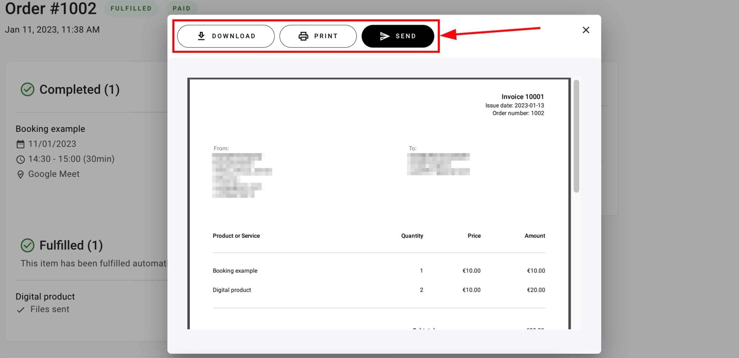 Preview invoice allows downloading, printing or sending to the client