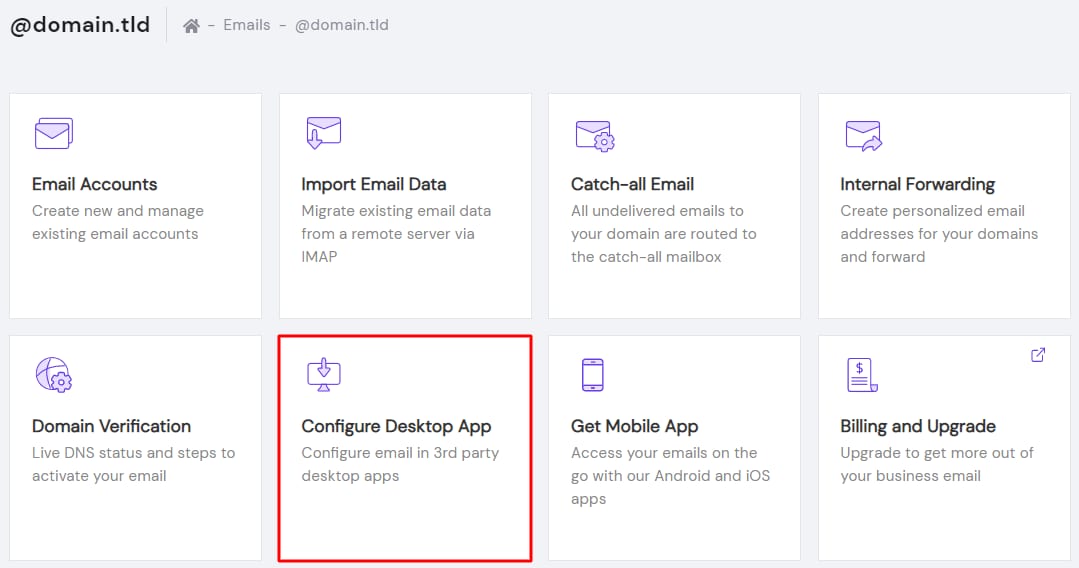 The Configure Desktop App section in the Titan Email management panel at Hostinger
