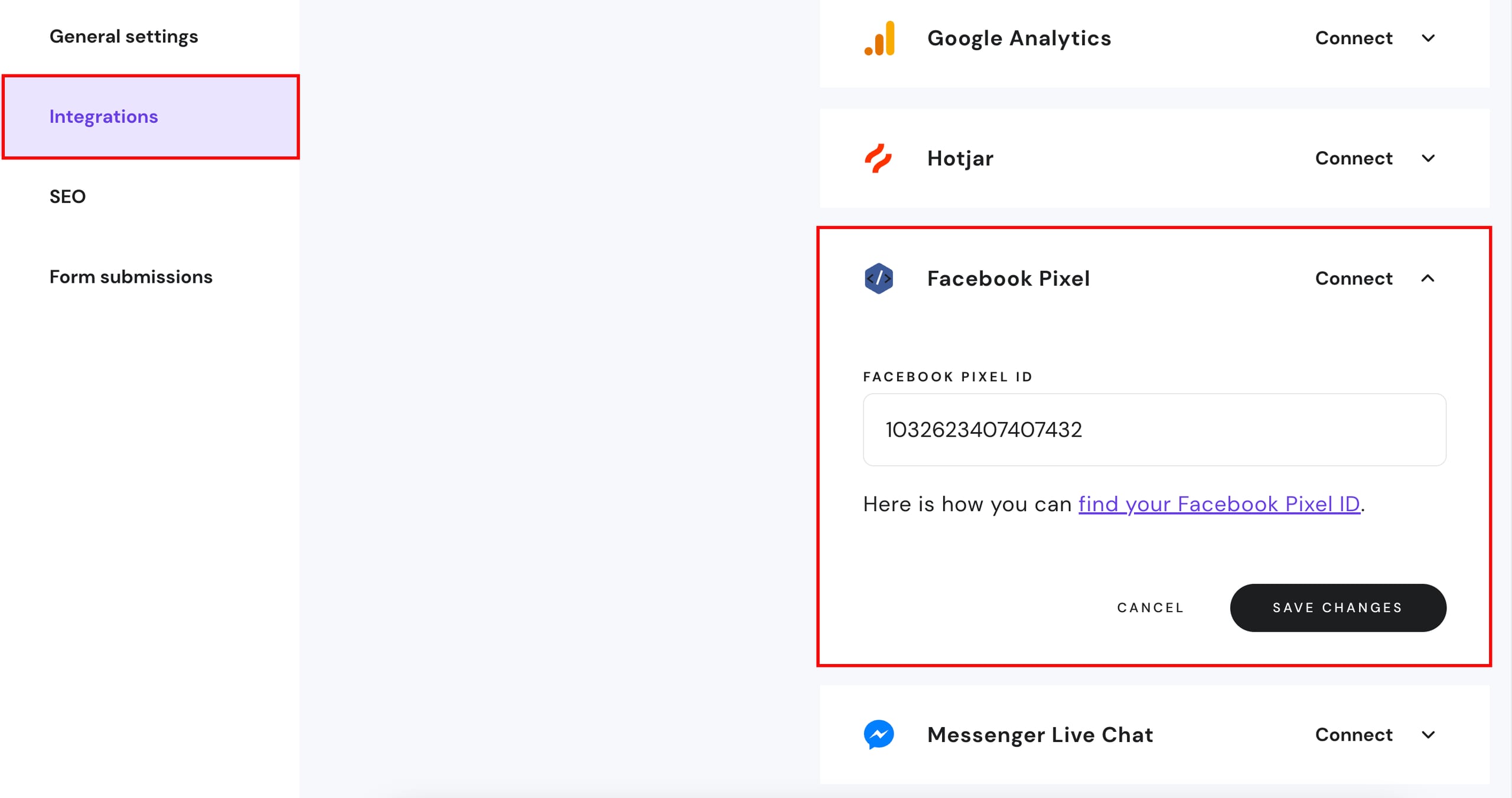 Pasting the dataset ID in the website's integrations settings