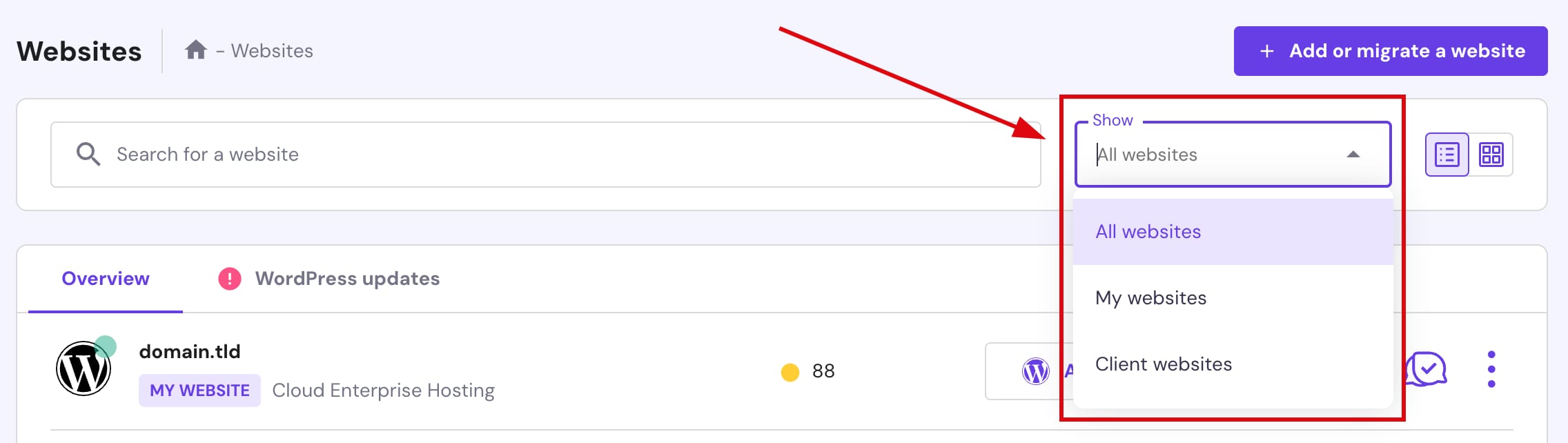 The Show websites filter in the Websites section at Hostinger