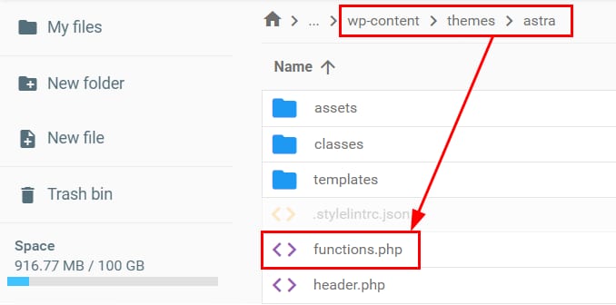 The Hostinger File manager showing how to open the functions.php file