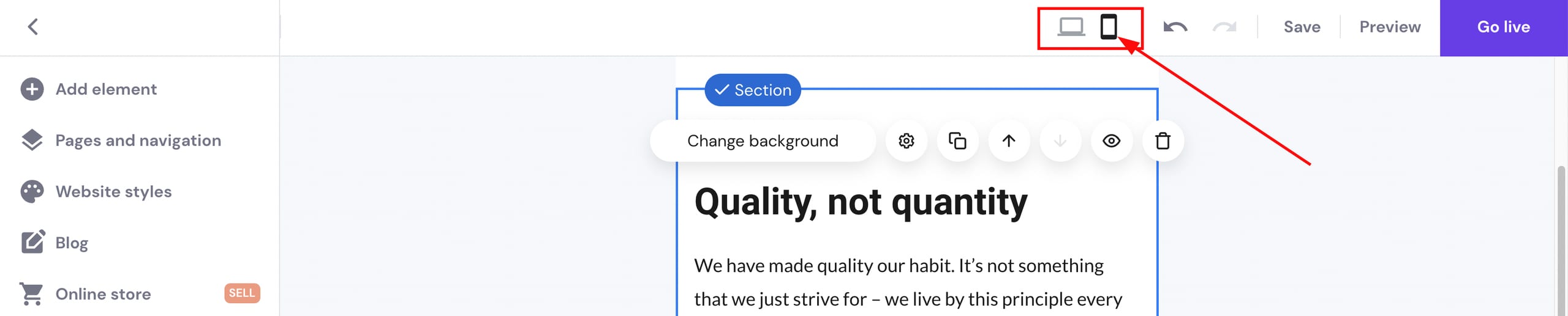 The option to check the mobile version in Hostinger Website Builder