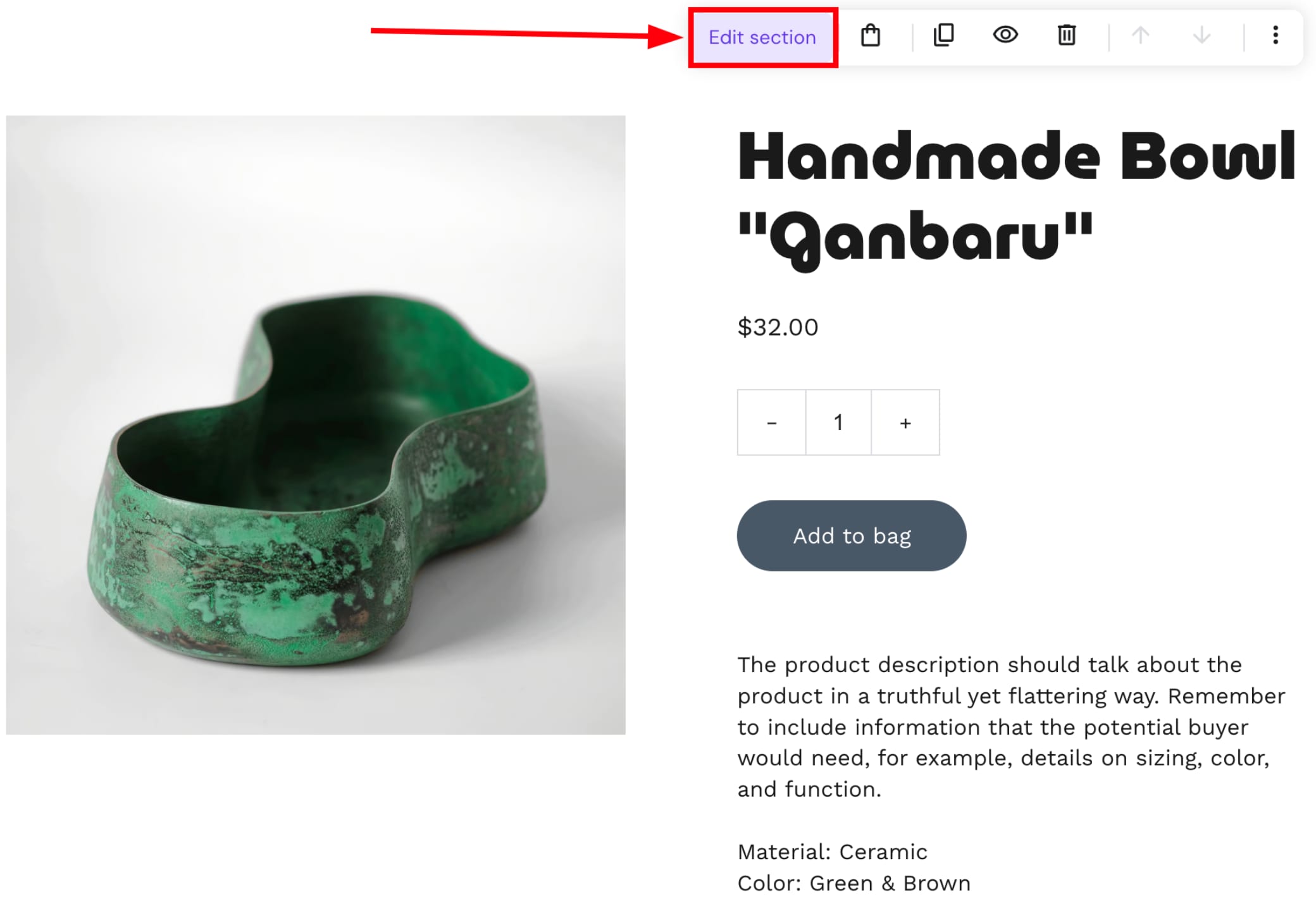 Editing the main product section in Hostinger Website Builder