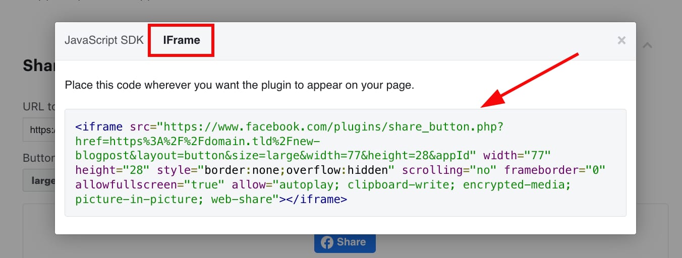 Copying the iframe code of a button