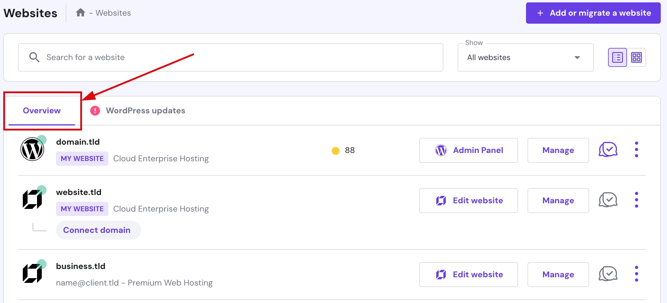 The Overview tab in the Websites section at Hostinger