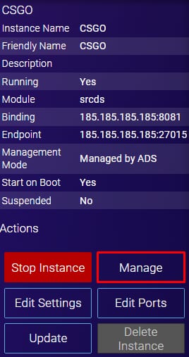 The Manage option on Game Panel
