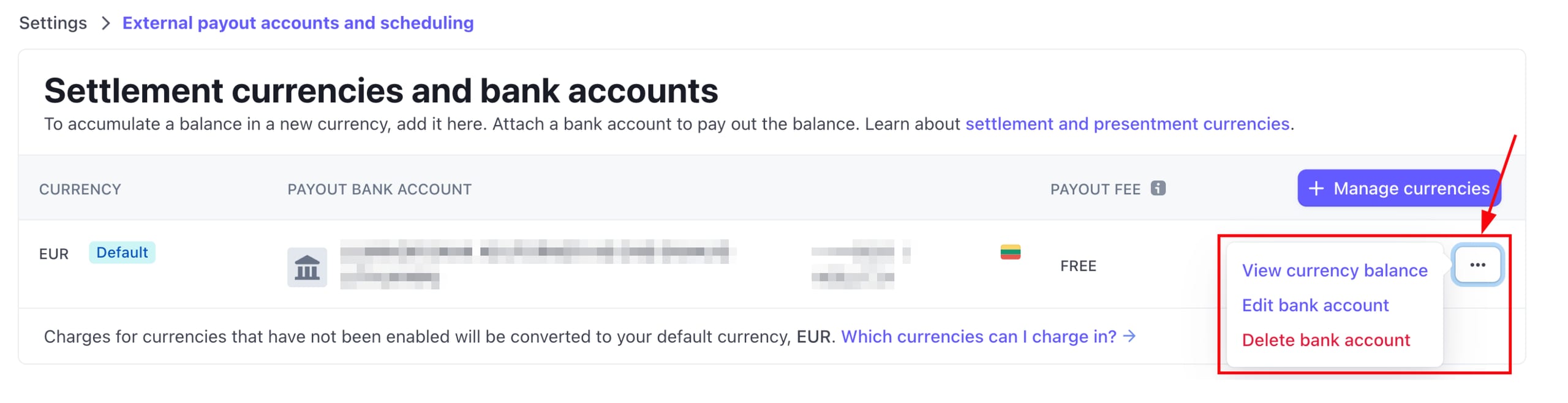Settings of settlement currencies and bank accounts in Stripe