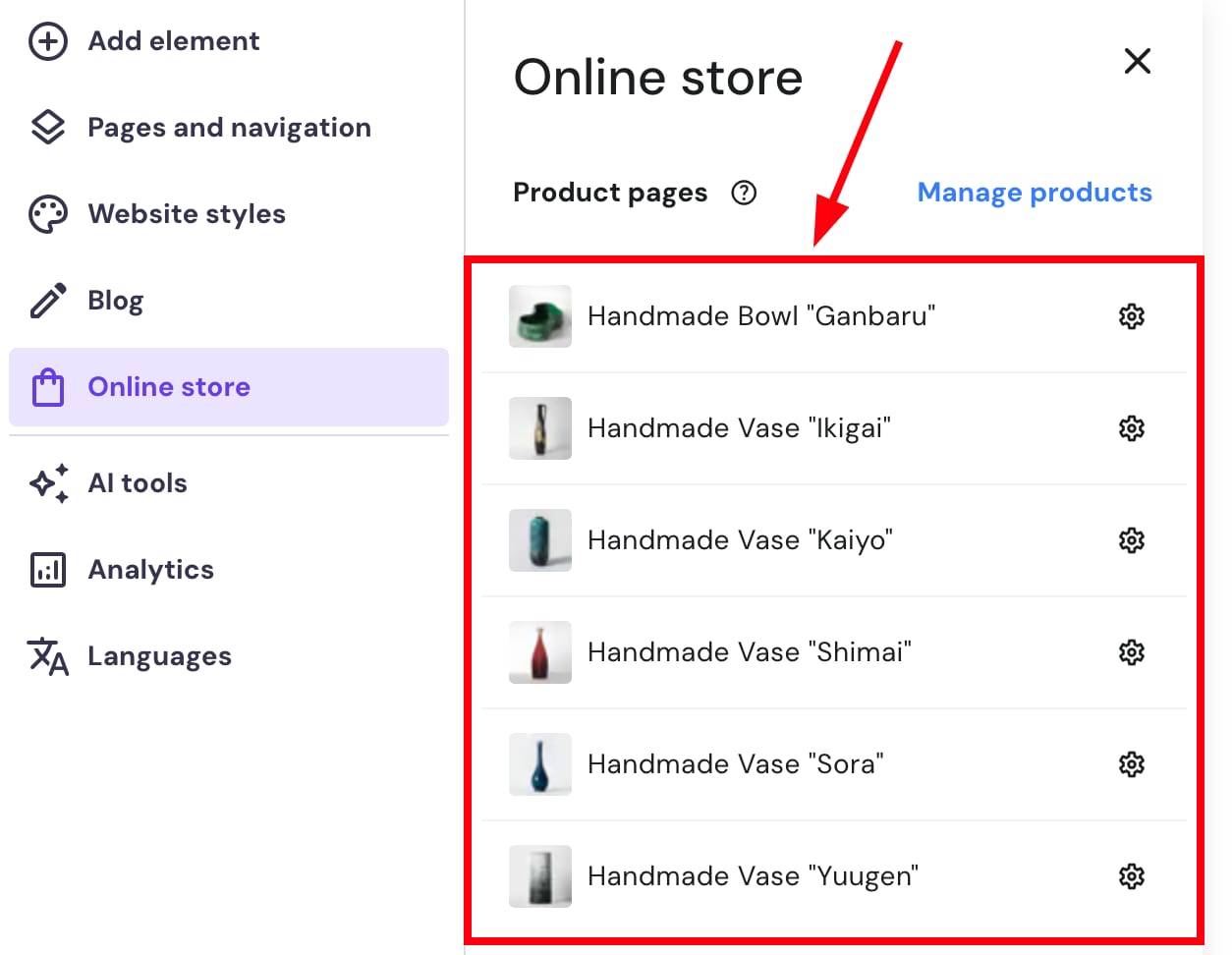 The Online store section within Hostinger Website Builder