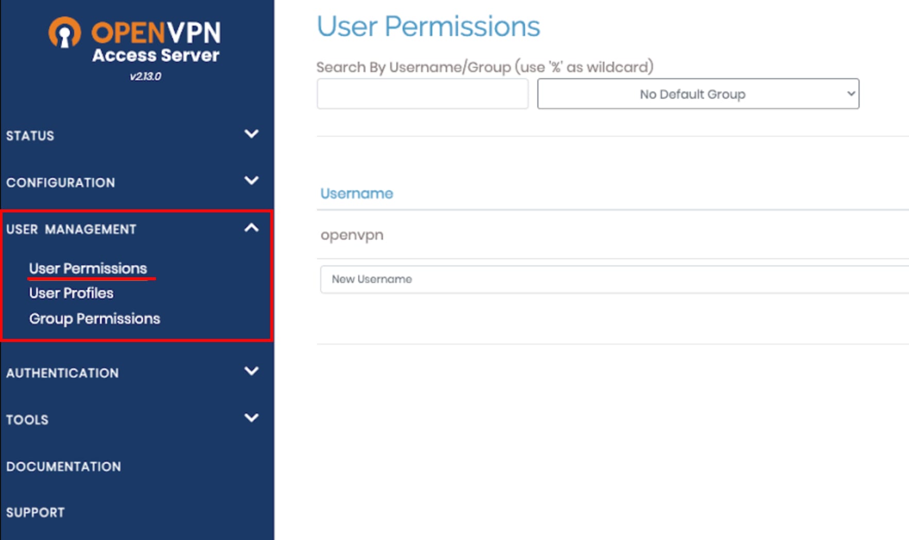 The User Permissions dashboard at OpenVPN