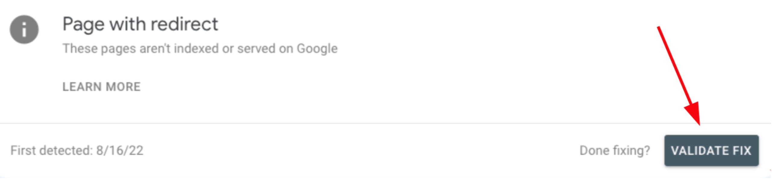 The Validate fix button in Google Search Console