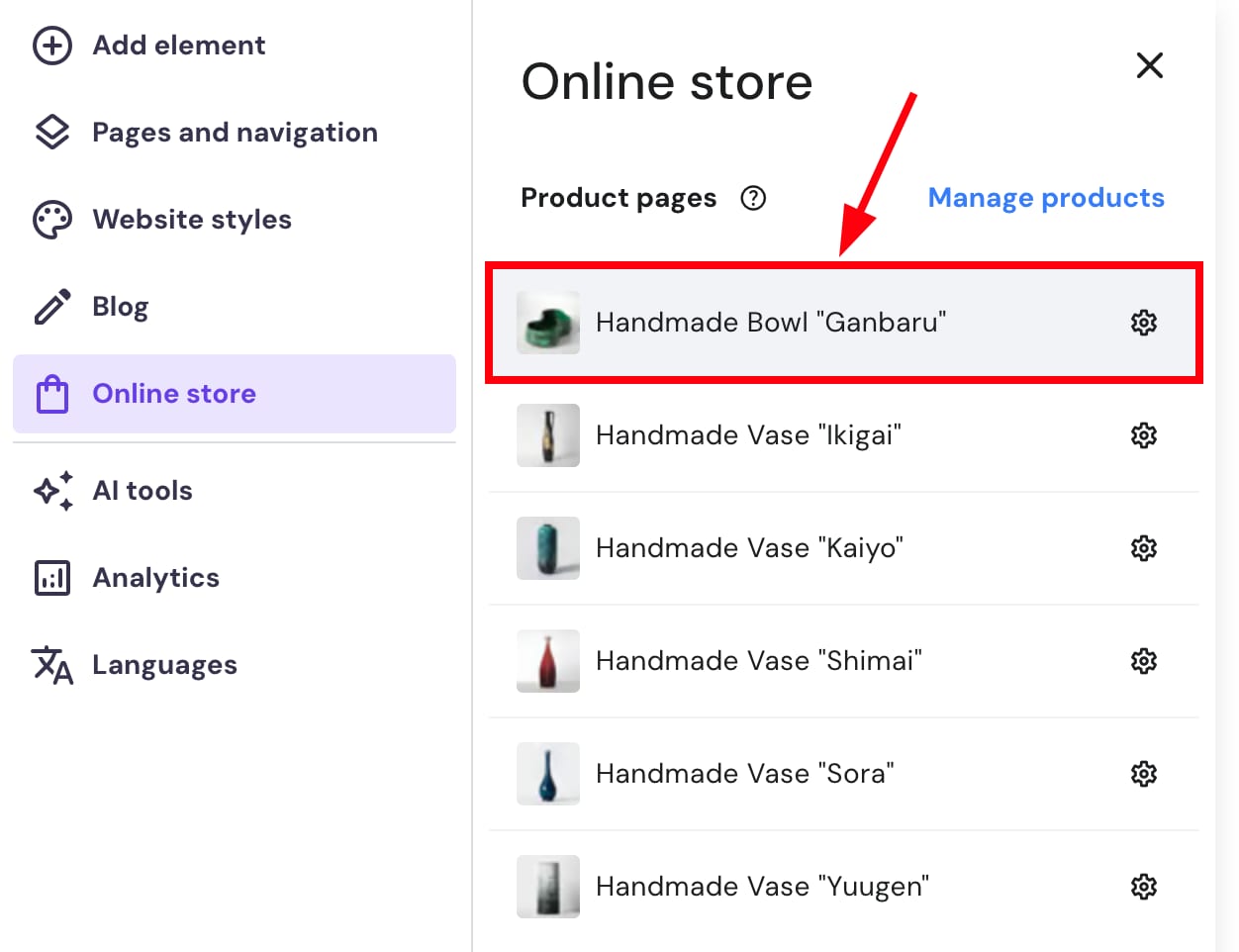 Accessing the product page within Hostinger Website Builder