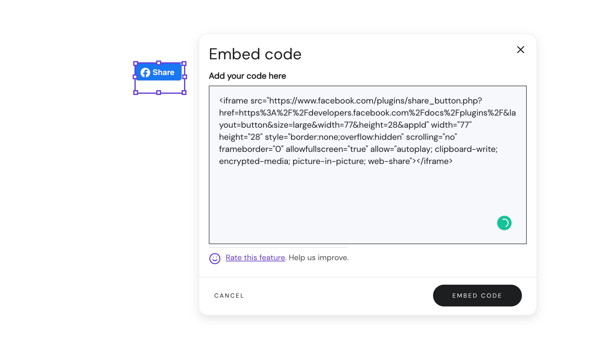 Embedding the share button into a website