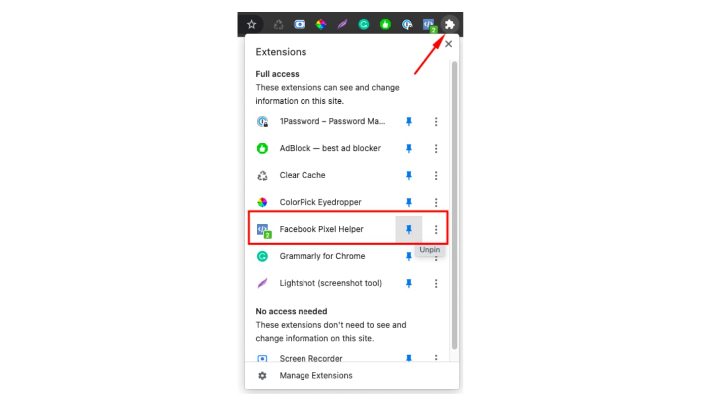 Pinning the Facebook Pixel Helper extension in the browser's toolbar