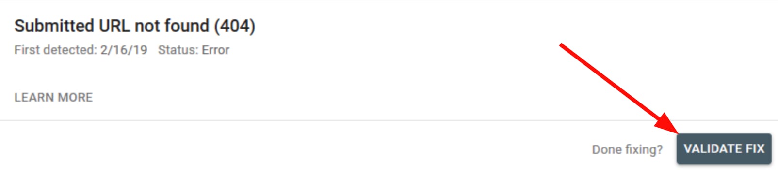 The Validate fix button in Google Search Console