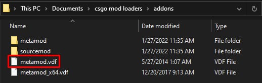 Windows File Explorer showing the metamod.vdf file