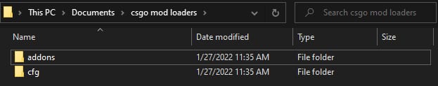 Windows File Explorer showing the addons folder