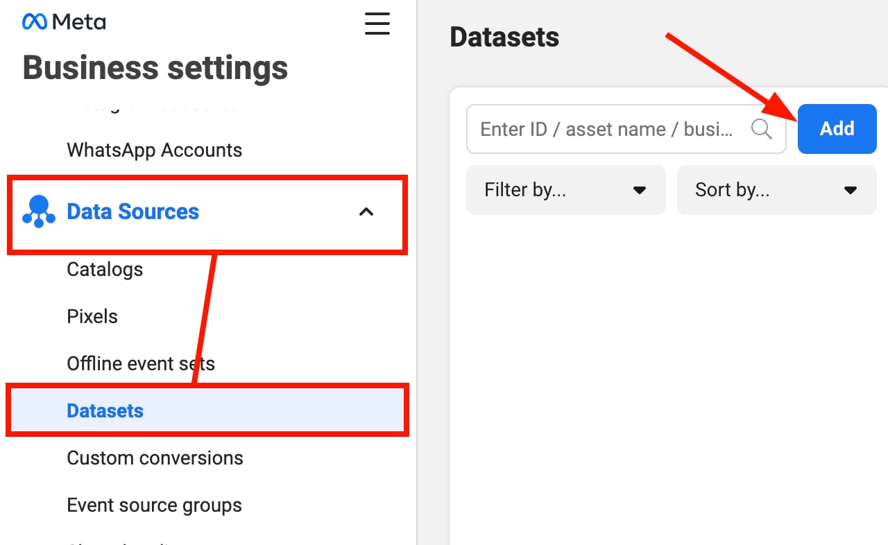 Data sources → Datasets in Facebook Business settings