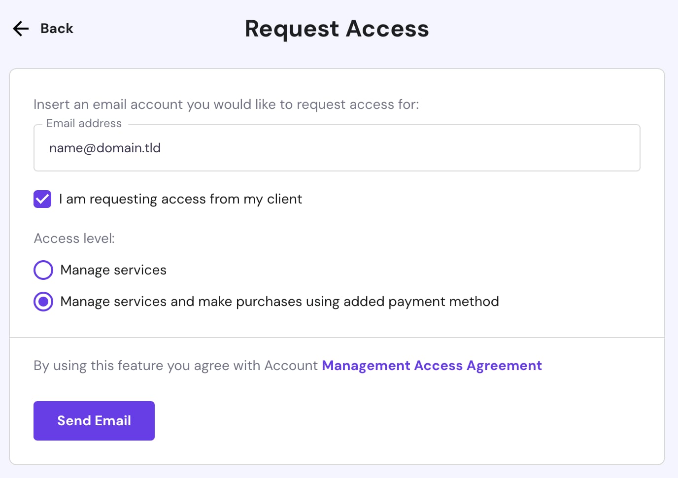 Entering an email address of the Hostinger account you want to request access to