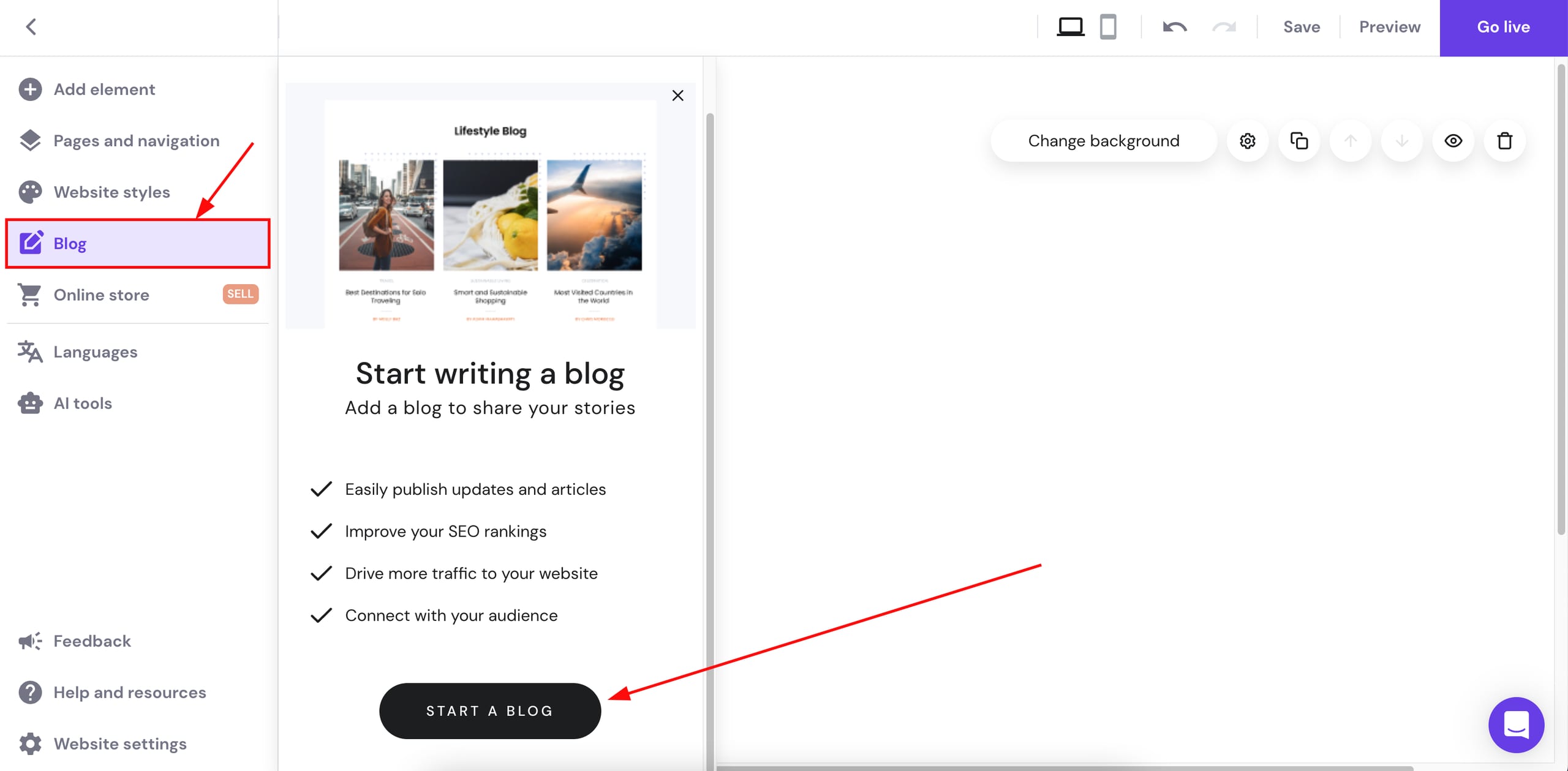 Blogging tools in Hostinger Website Builder