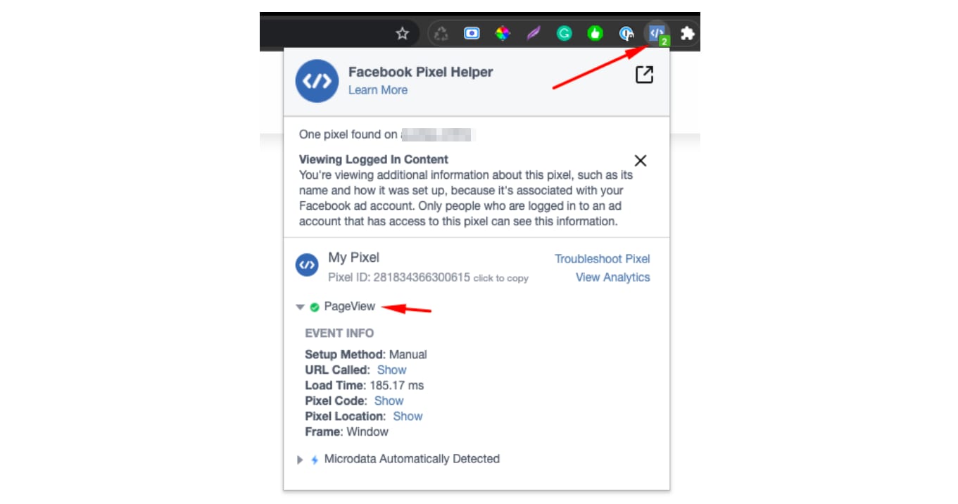Facebook Pixel Helper extension