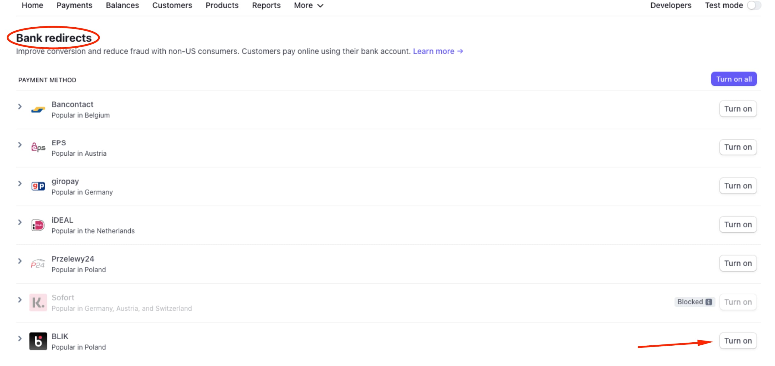 Payment methods settings in Stripe