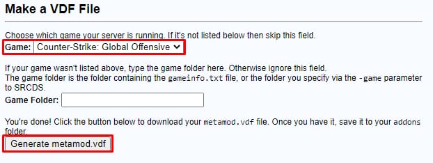 The VDF Generator website showing how to generate a new metamod.vdf file