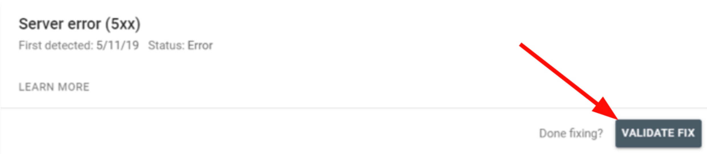 The Validate fix button in Google Search Console