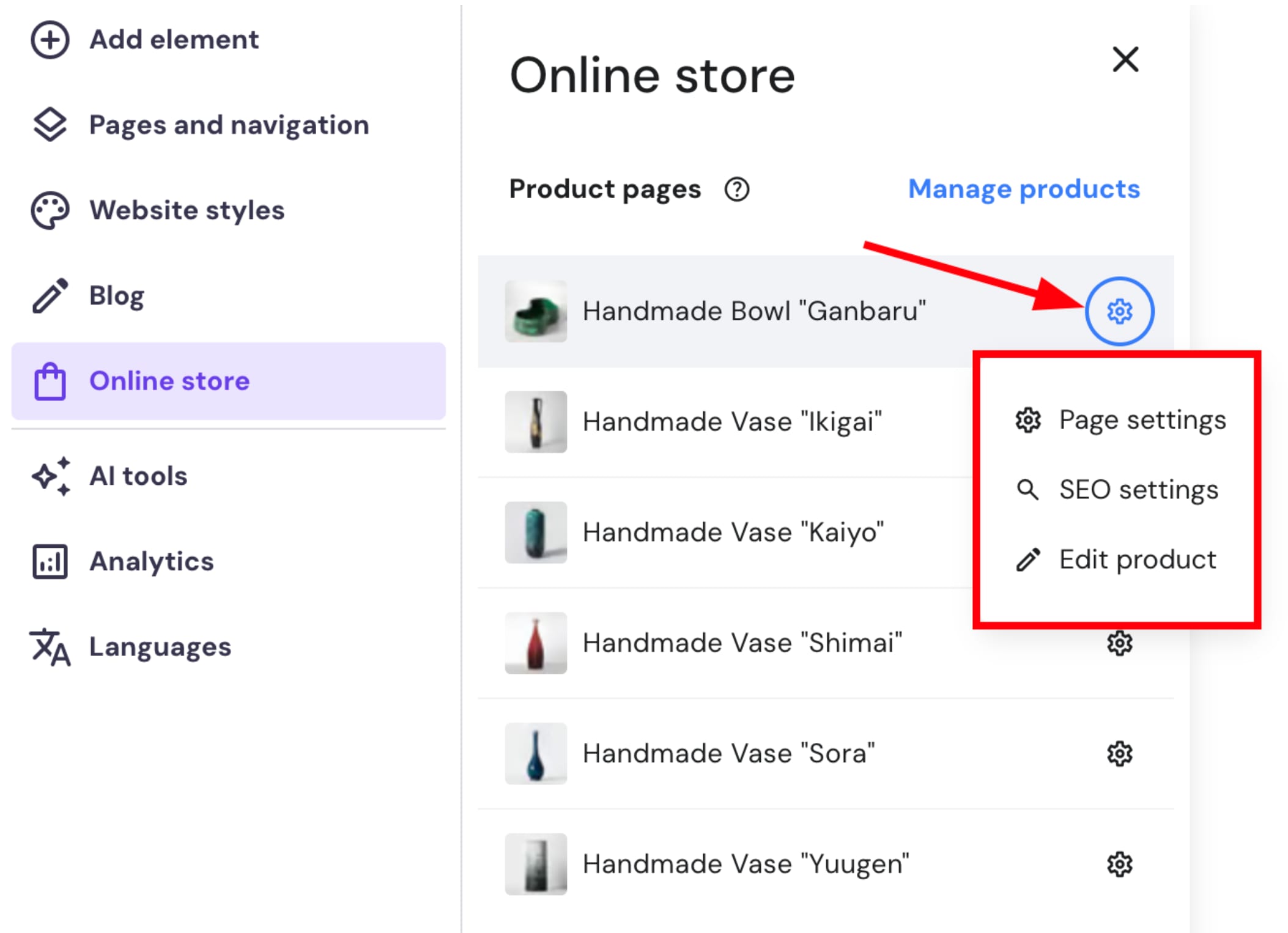 Accessing product page settings in Hostinger Website Builder