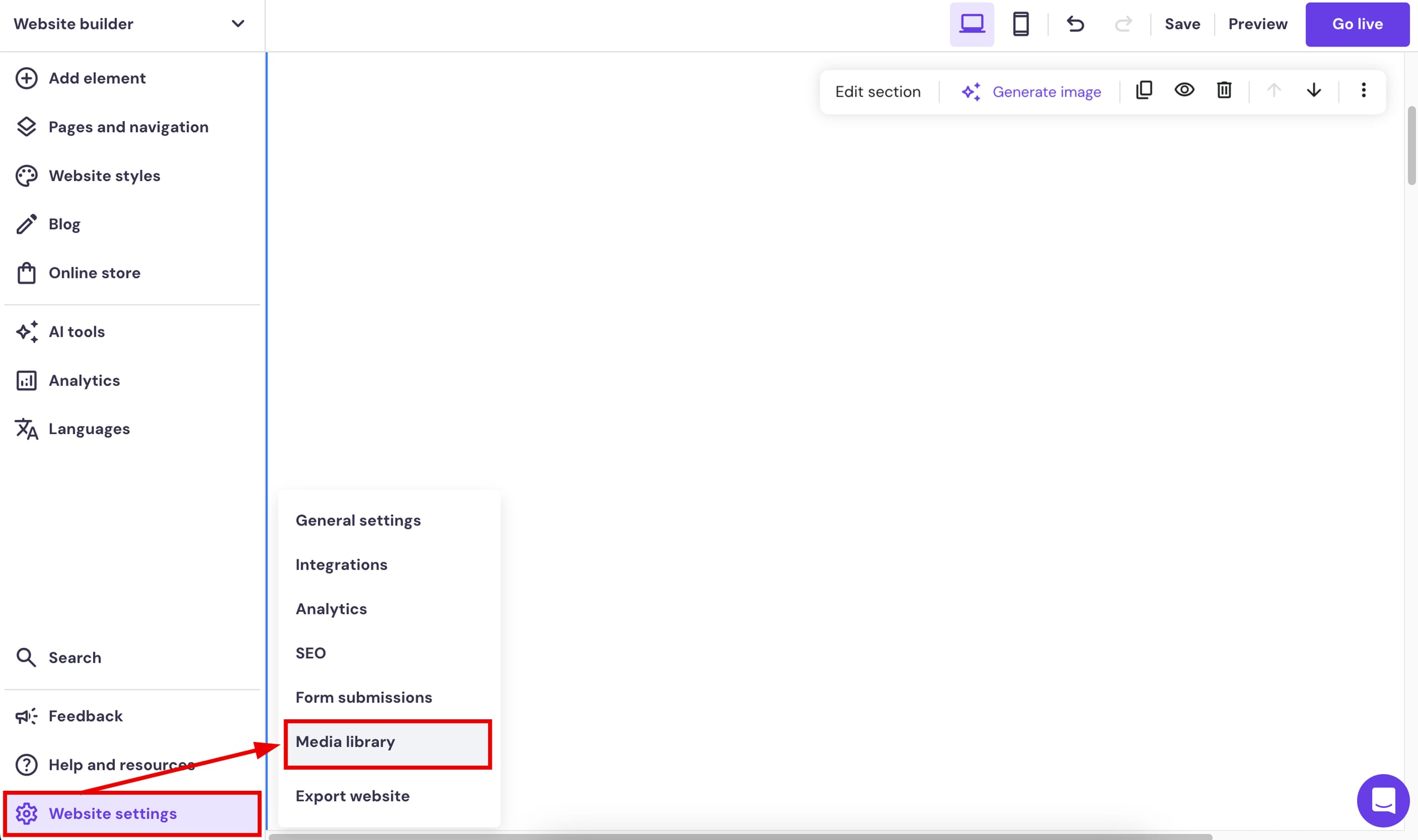 The media library in Hostinger Website Builder