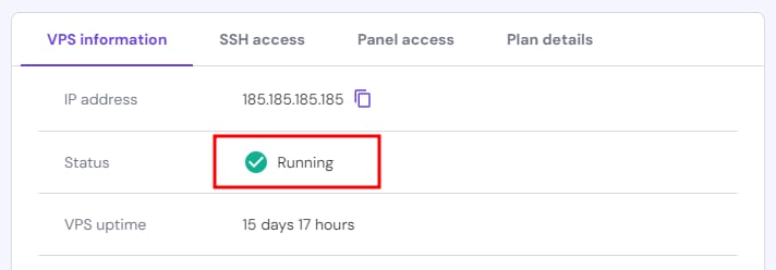The VPS section on hPanel showing that the server is running