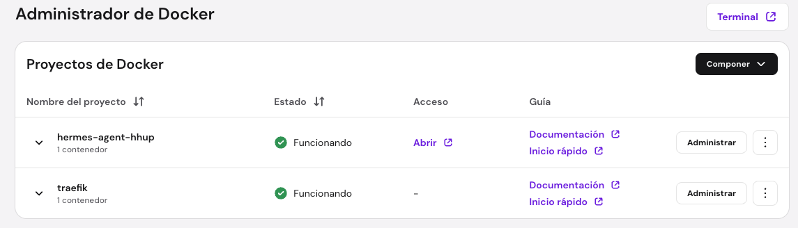 Administrador de Docker con proyectos funcionando; destaca el botón Administrar del proyecto hermes-agent-hhup