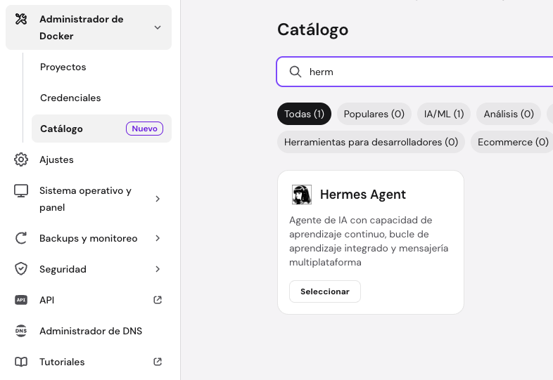 Catálogo VPS con búsqueda de “herm” y tarjeta destacada de Hermes Agent para seleccionar