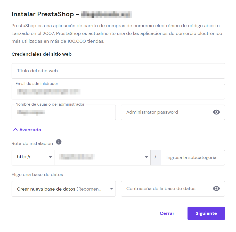 Formulario de instalación de PrestaShop en hPanel