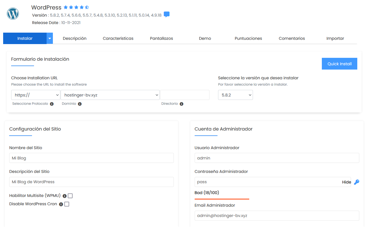 Formulario de instalación de WordPress en Softaculous