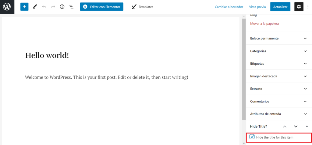 Esta imagen muestra cómo ocultar el título de una página en WordPress usando el plugin Title Remover