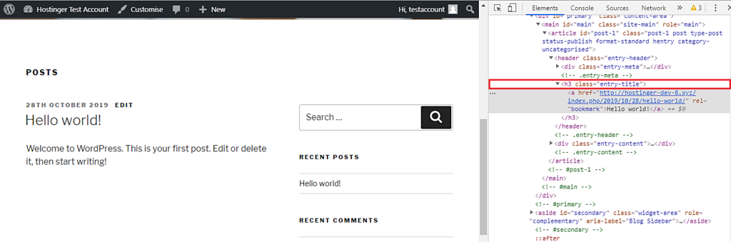 Esta imagen muestra cómo identificar la clase CSS del título de las páginas de WordPress
