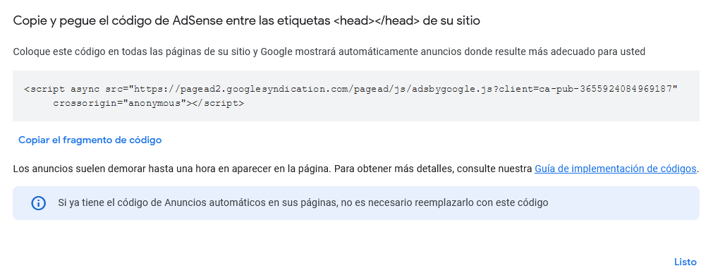 Copiar código de Adsense para conectar con WordPress