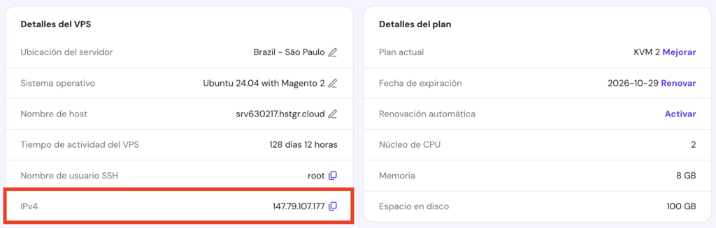 Vista general de VPS en hPanel