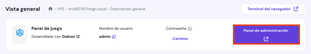 Panel de juego de Hostinger