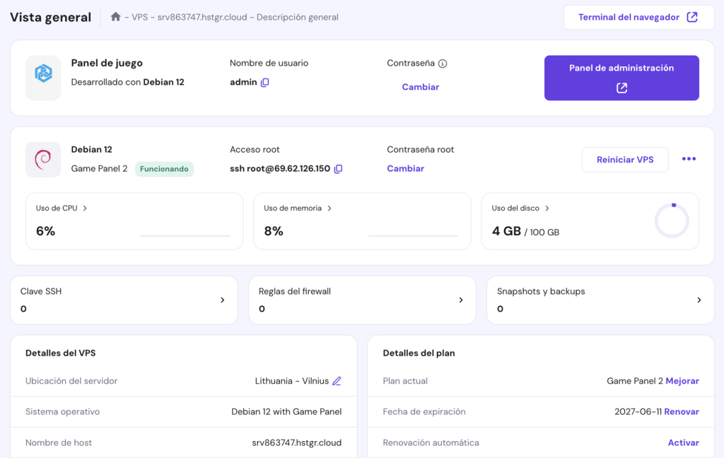 Panel de juego de Hostinger