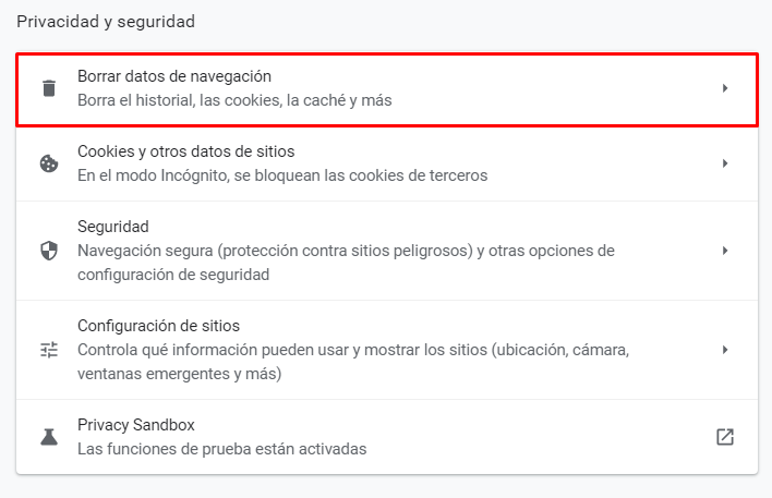Borrar datos de navegación de Google Chrome