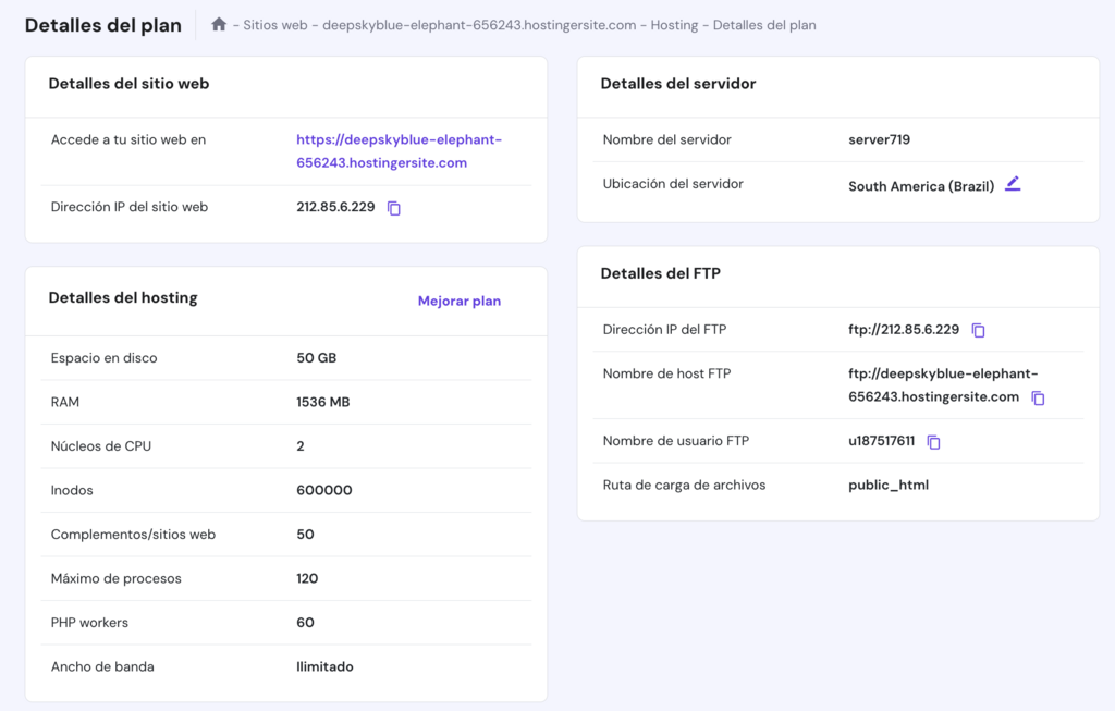 Detalles del plan en hPanel 