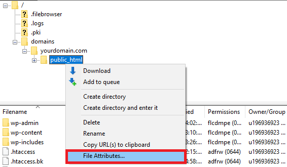 Atributos de archivo de FilaZilla