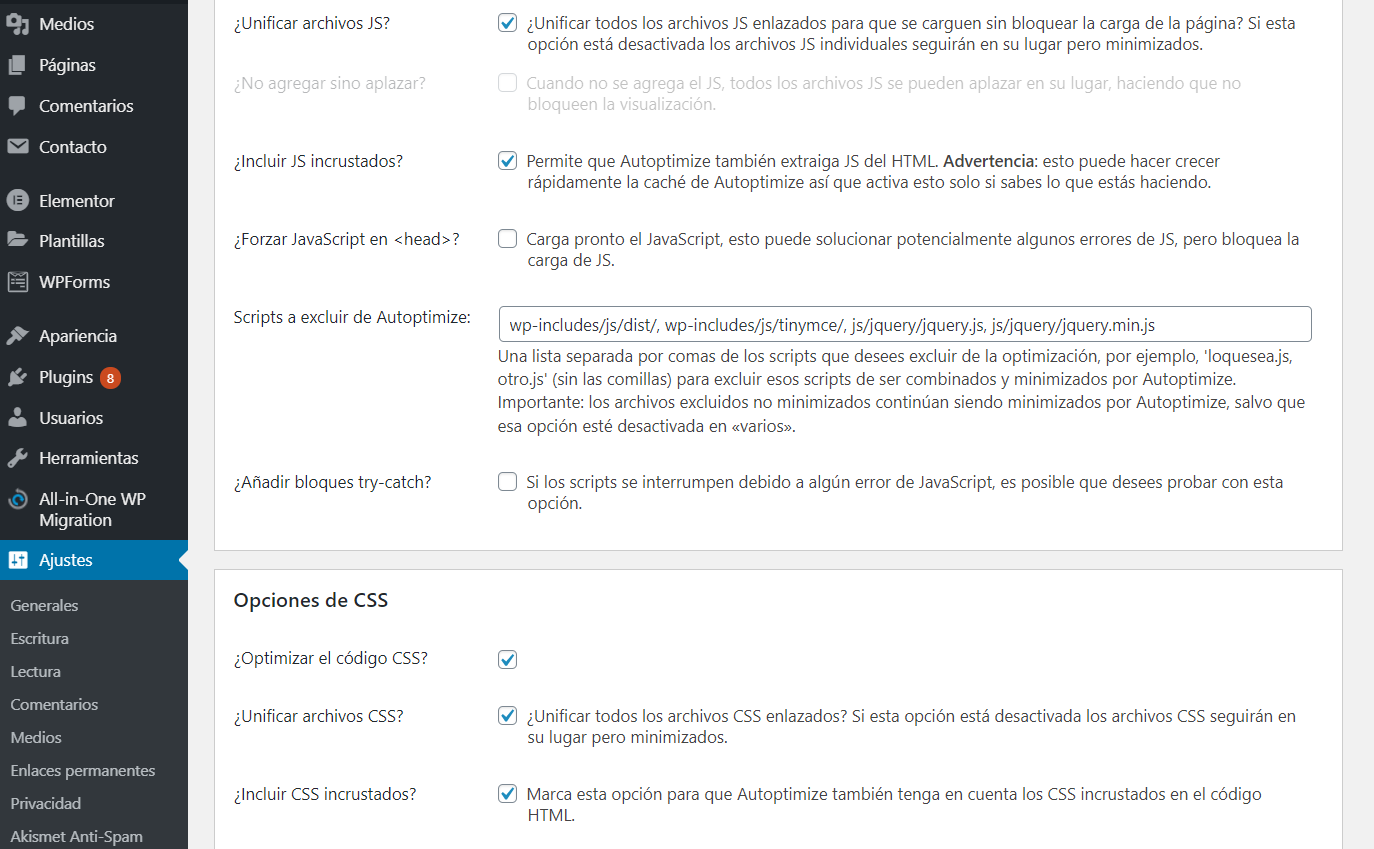 Opciones avanzadas para optimizar incluyendo CSS y JS incrustados