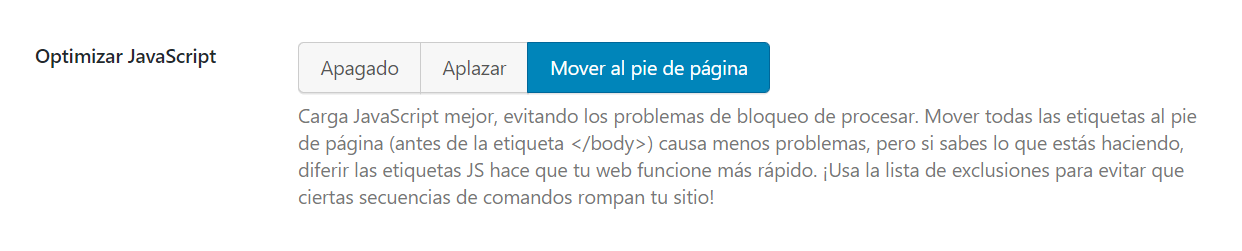 Habilitar mover scripts al pie de página en la optimización JavaScript de Speed Booster Pack