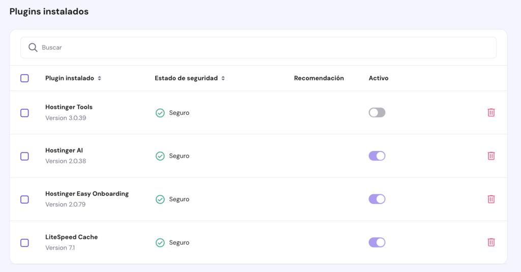 Plugins instalados de WP en hPanel
