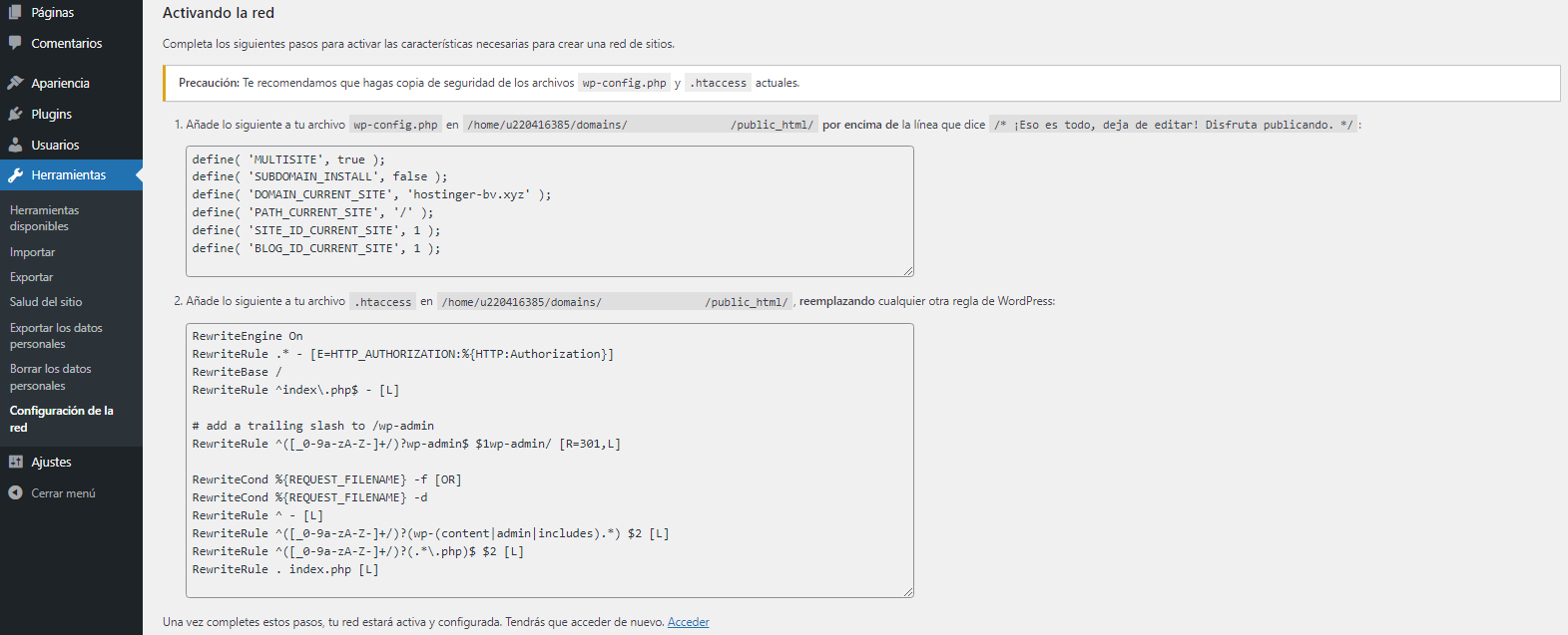 Configuración de la red en WP